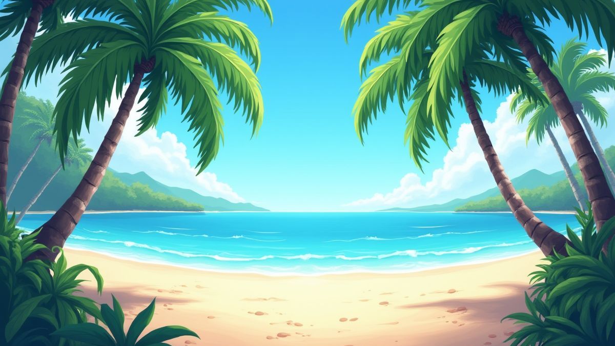 Animated tropical beach with palm trees and waves in the distance.