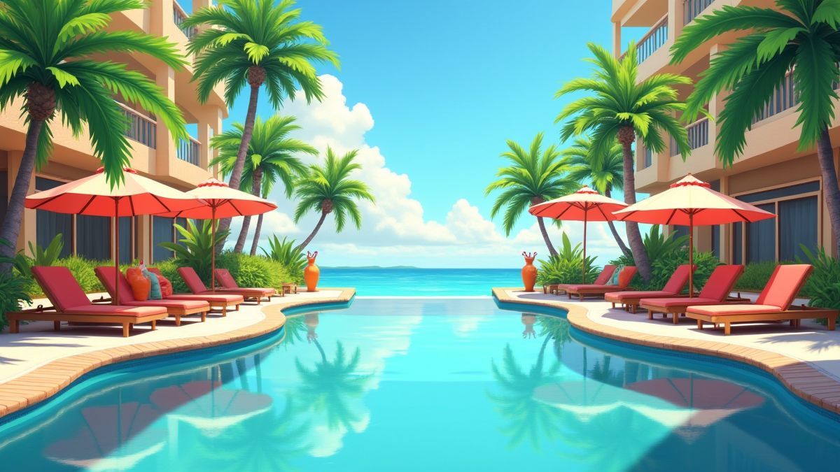 Animated tropical resort pool with lounge chairs and cocktails.