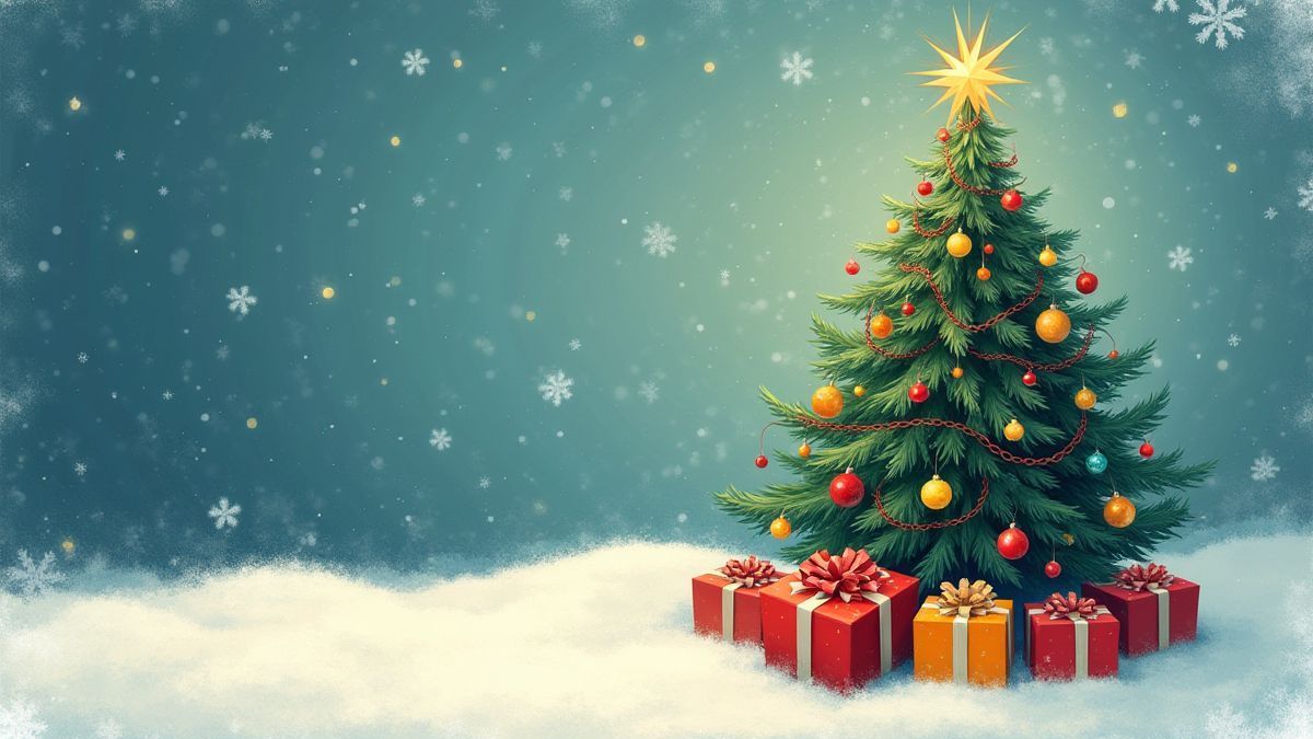 Christmas tree decorated with gifts underneath.