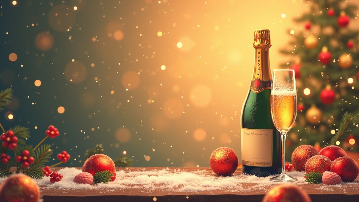 Champagne bottle and glass in a Christmas environment.