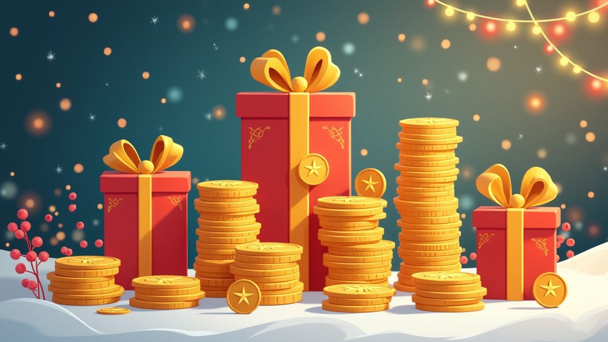 Stacks of coins and gifts in a Christmas backdrop.