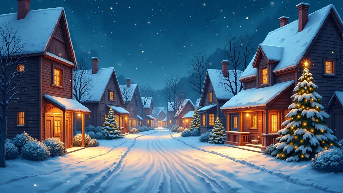 Eine weihnachtliche Szene mit leuchtenden Lichtern und Schnee.