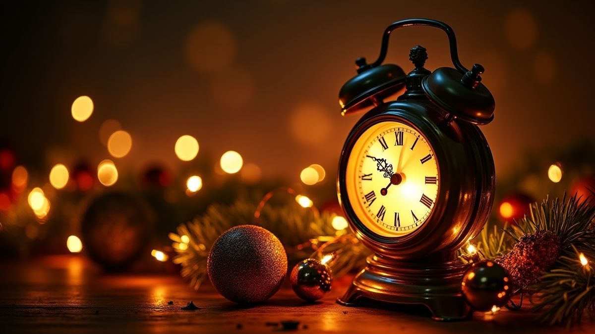 Eine antike Uhr umgeben von Weihnachtsdekorationen.