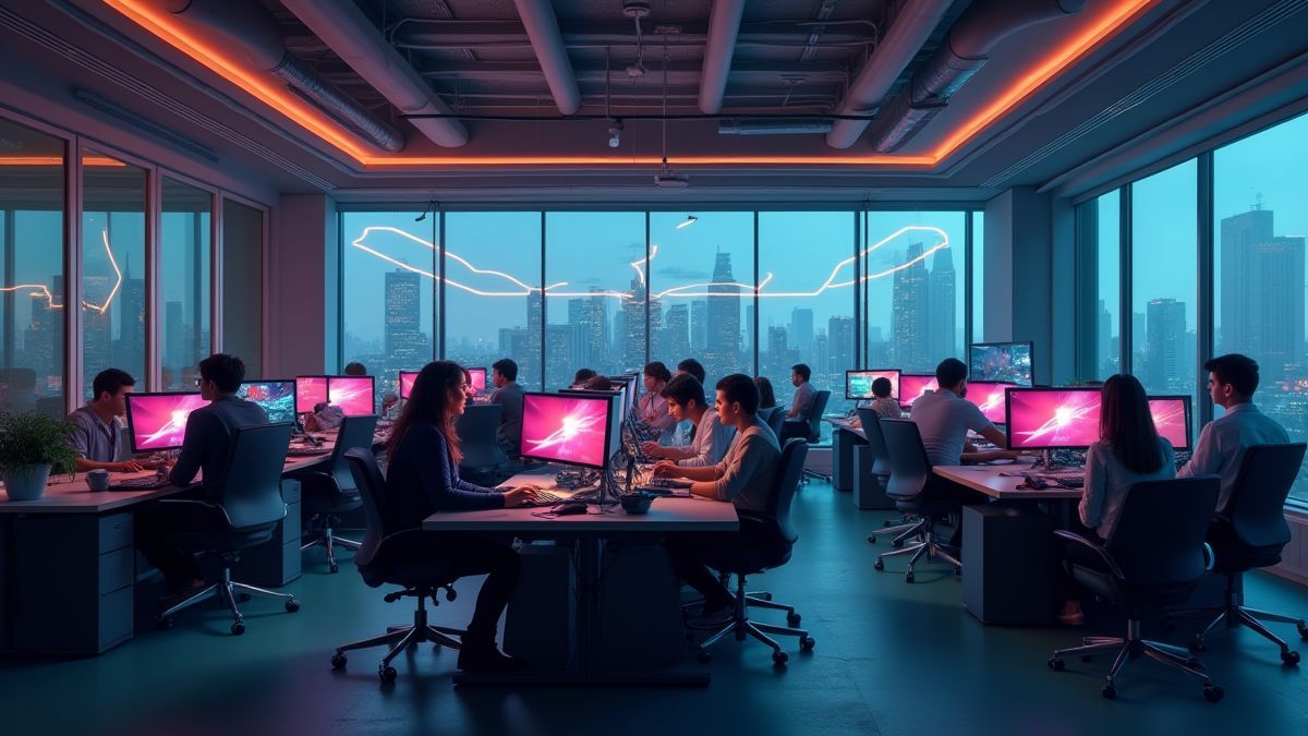 Un equipo de desarrolladores de juegos trabajando en nuevas ideas.