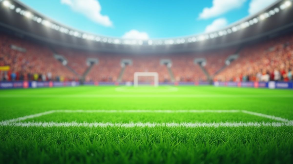 Geanimeerd voetbalveld met enthousiaste fans op de achtergrond