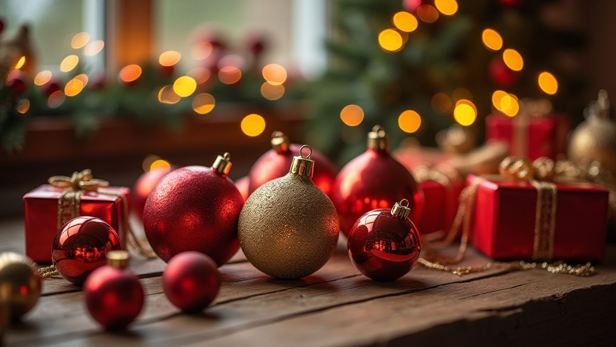 Tafel versierd met kerstdecoraties en cadeaus.