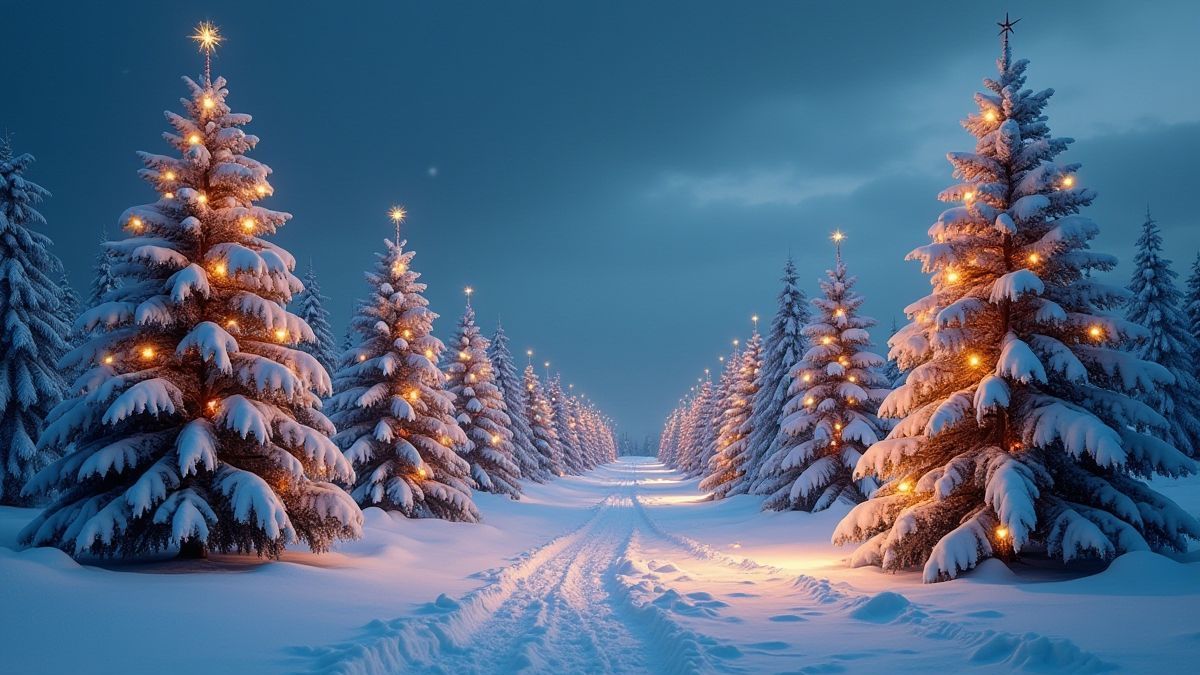 Besneeuwd landschap met verlichte kerstbomen.