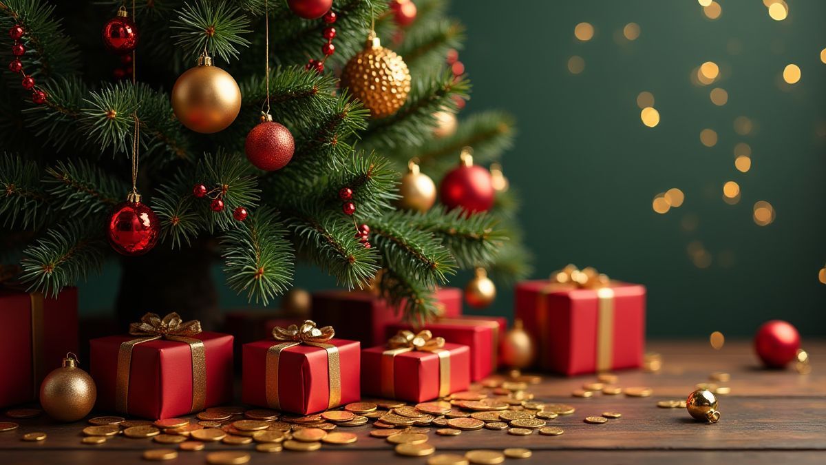 Árbol de Navidad decorado con regalos y monedas doradas.