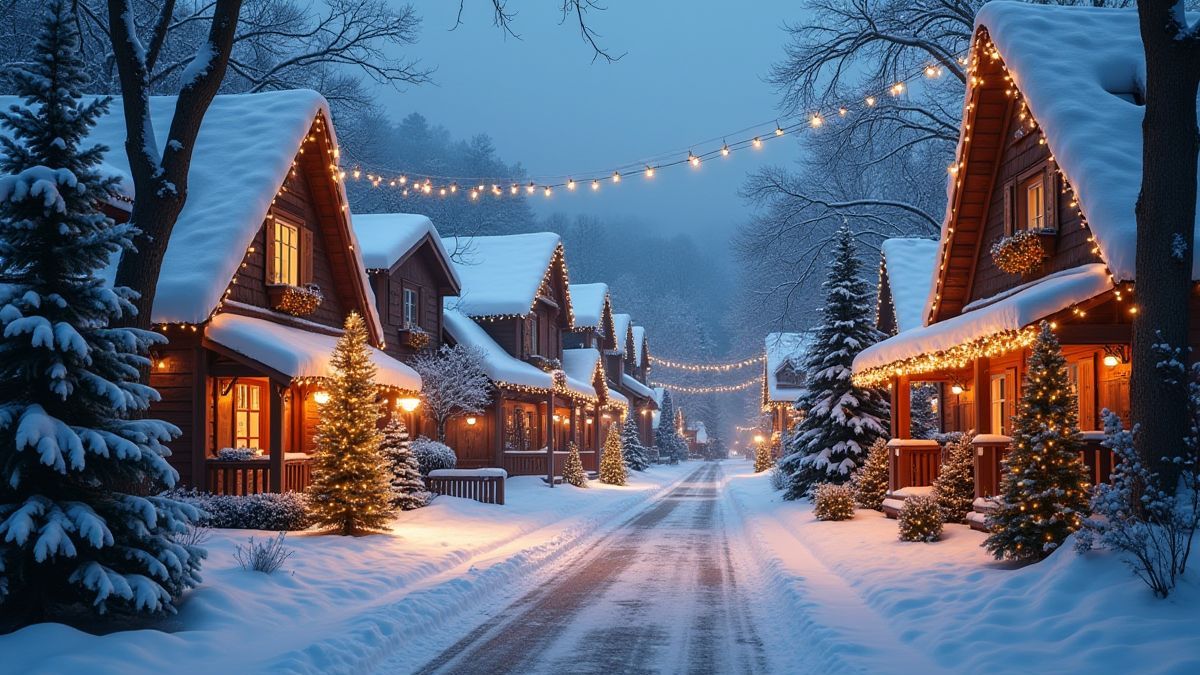 Pueblo nevado decorado con luces navideñas y adornos festivos.