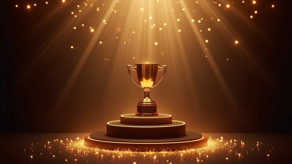 Trophée doré entouré de lumières brillantes sur un podium de style Hollywood.