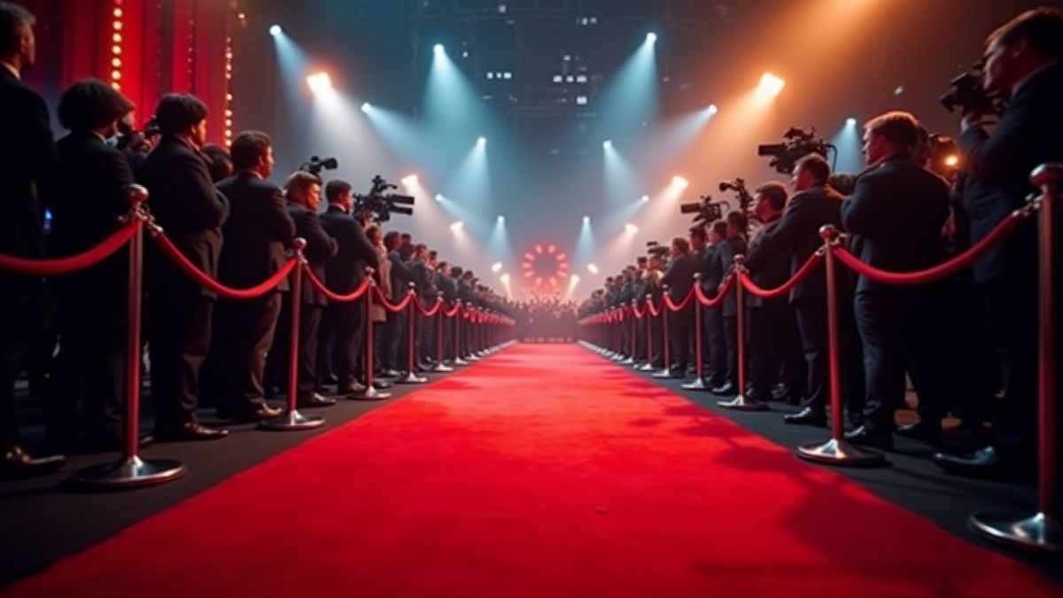 Alfombra roja en Hollywood con luces y cámaras.