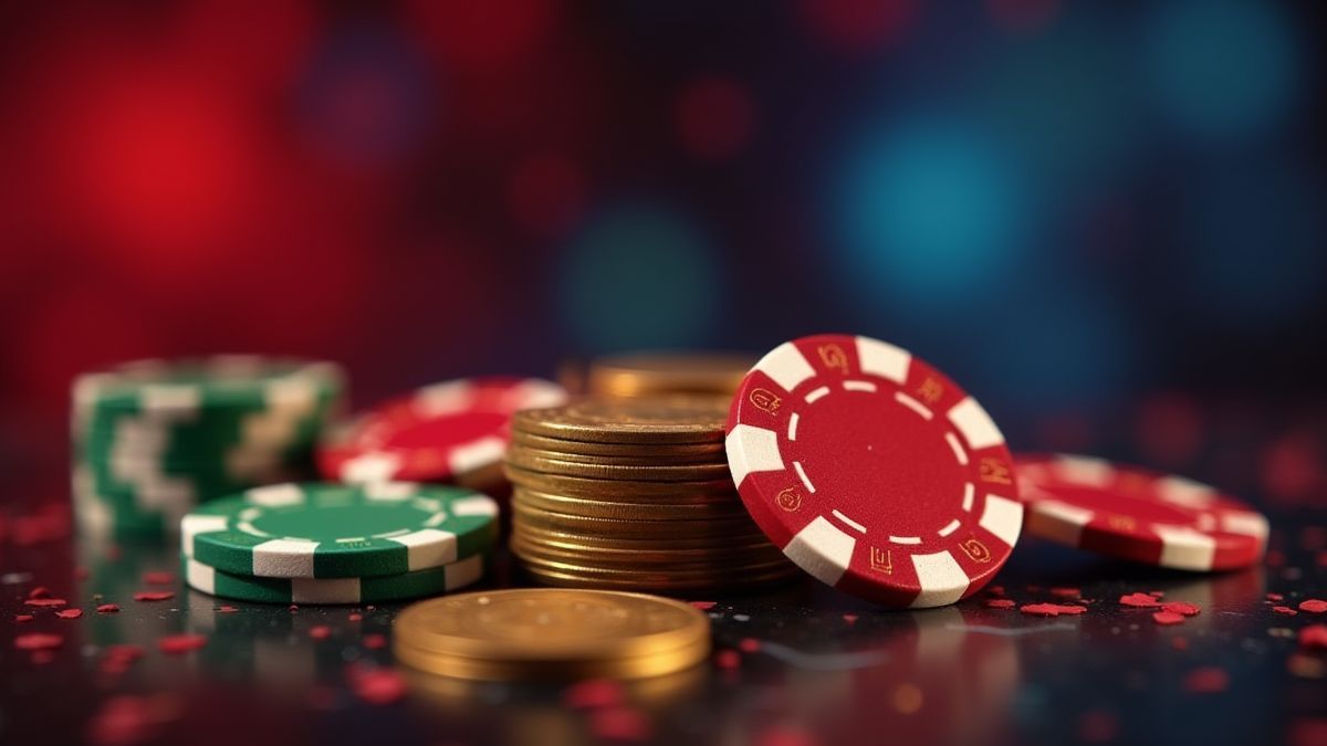 Fichas de casino y monedas sobre un fondo cinematográfico.