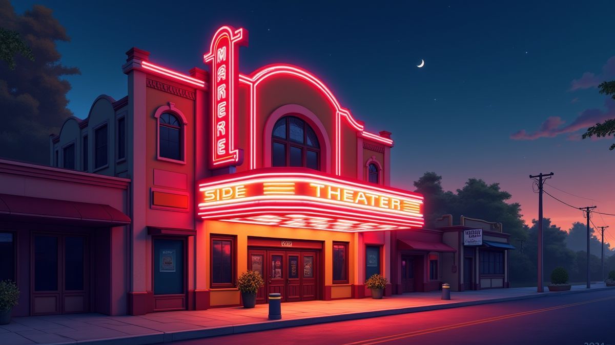 Bild eines Vintage-Kinos mit Neonlichtern und einem Plakat.