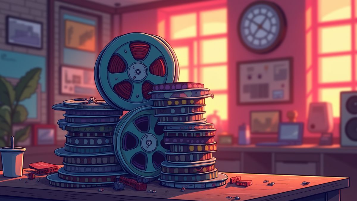 Bild von Filmrollen, die in einem lebhaften Studio gestapelt sind.