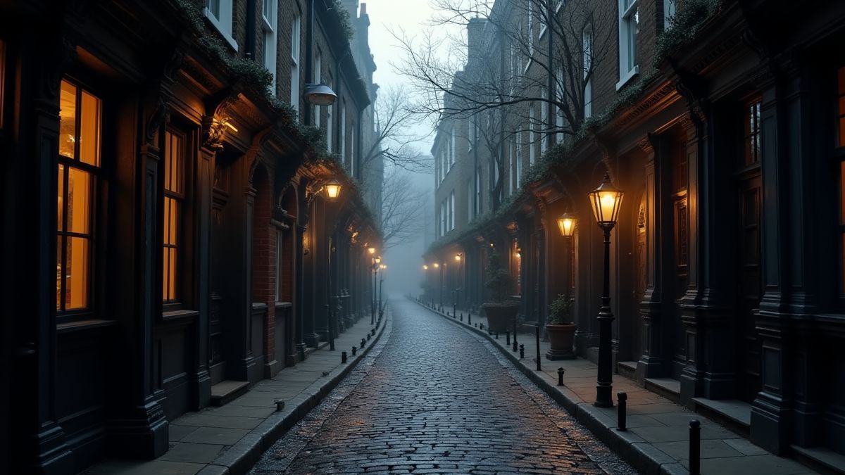 Victoriaanse steeg in Londen met mysterieuze schaduwen.