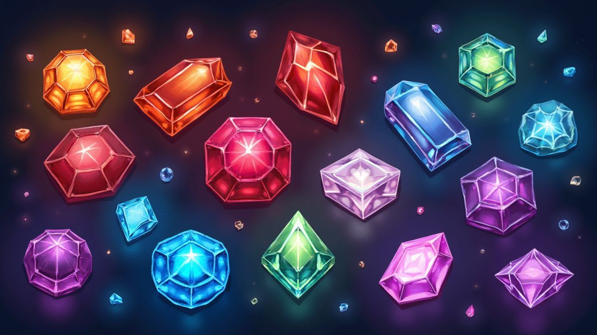 Glanzende edelstenen in verschillende kleuren in een raster.