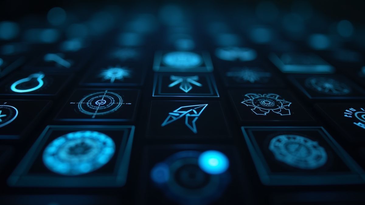 Symboles holographiques futuristes brillants sur un fond sombre.