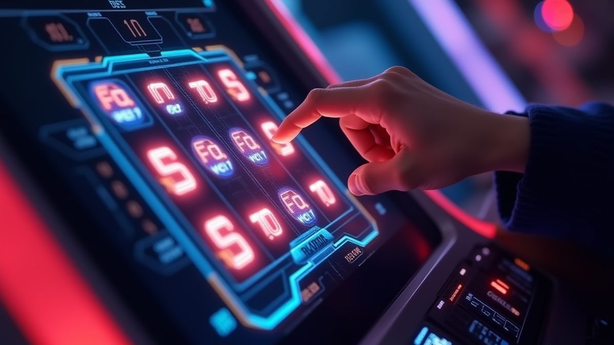 Joueur utilisant une interface futuriste de machine à sous sur un écran lumineux.