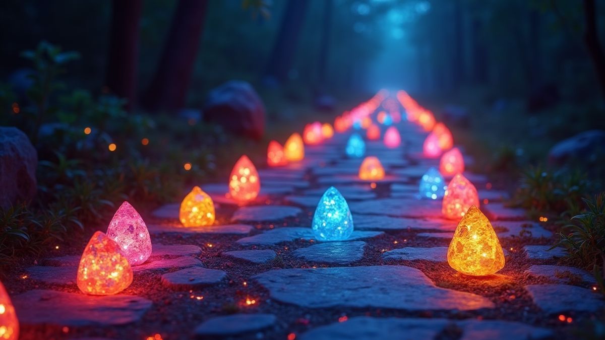 Gems magiques brillants sur un chemin médiéval.