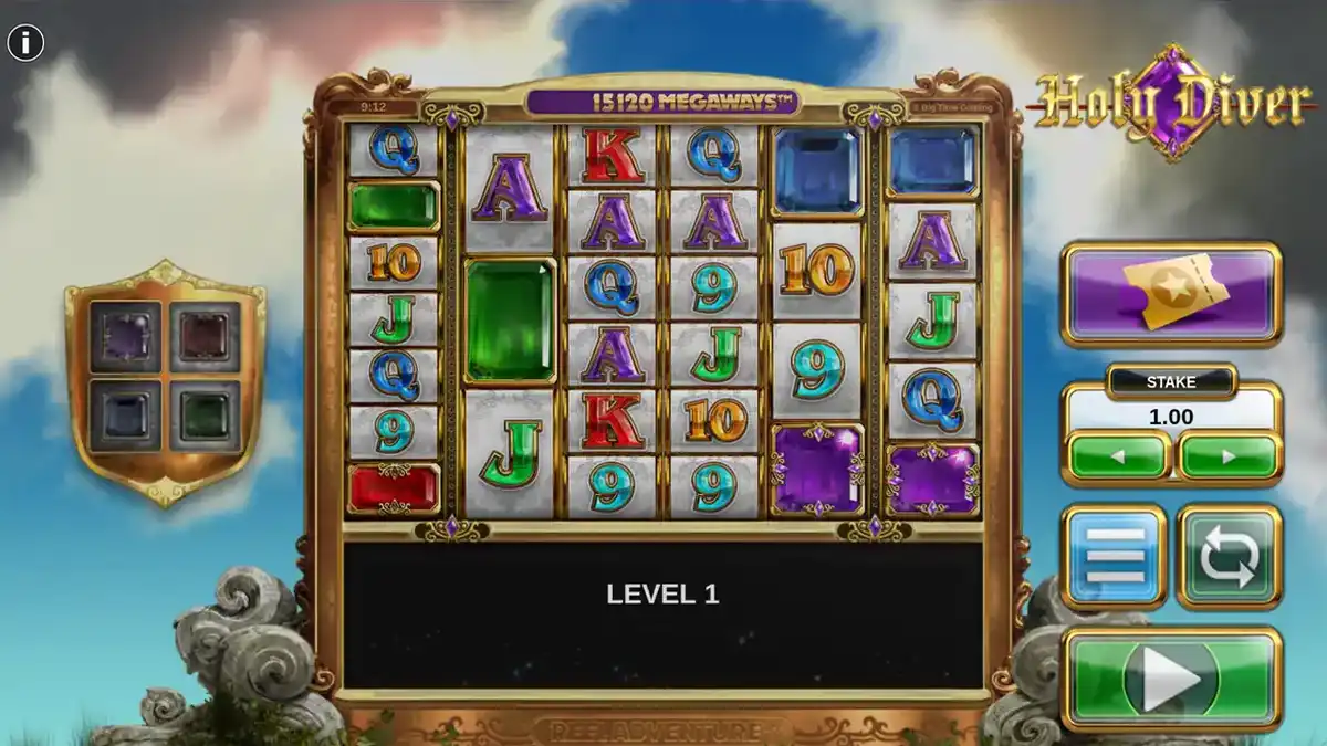 Jogo base de Holy Diver com seis rolos Megaways, o Escudo da Fortuna e a barra Reel Adventure do Nível 1