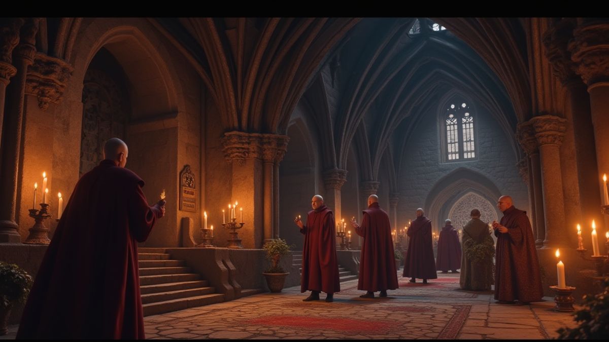 Um mosteiro medieval animado com monges e velas brilhantes.