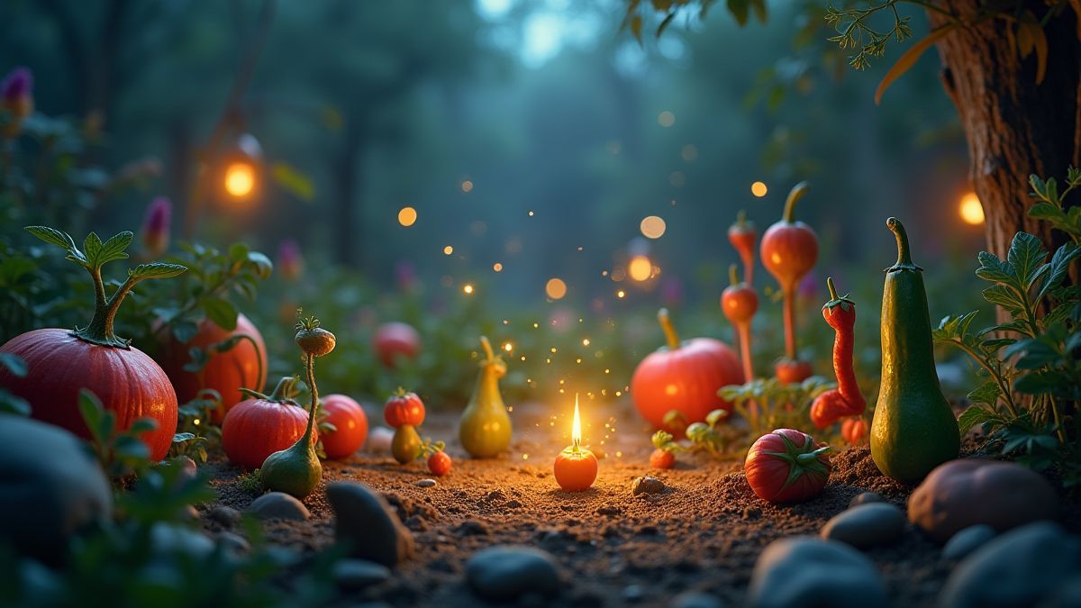Un jardin magique avec des légumes animés et des effets brillants.