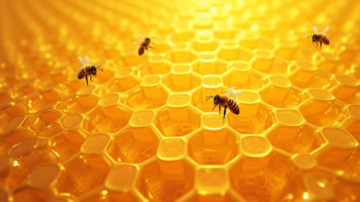 Um panal com células hexagonais douradas e abelhas voando ao redor.