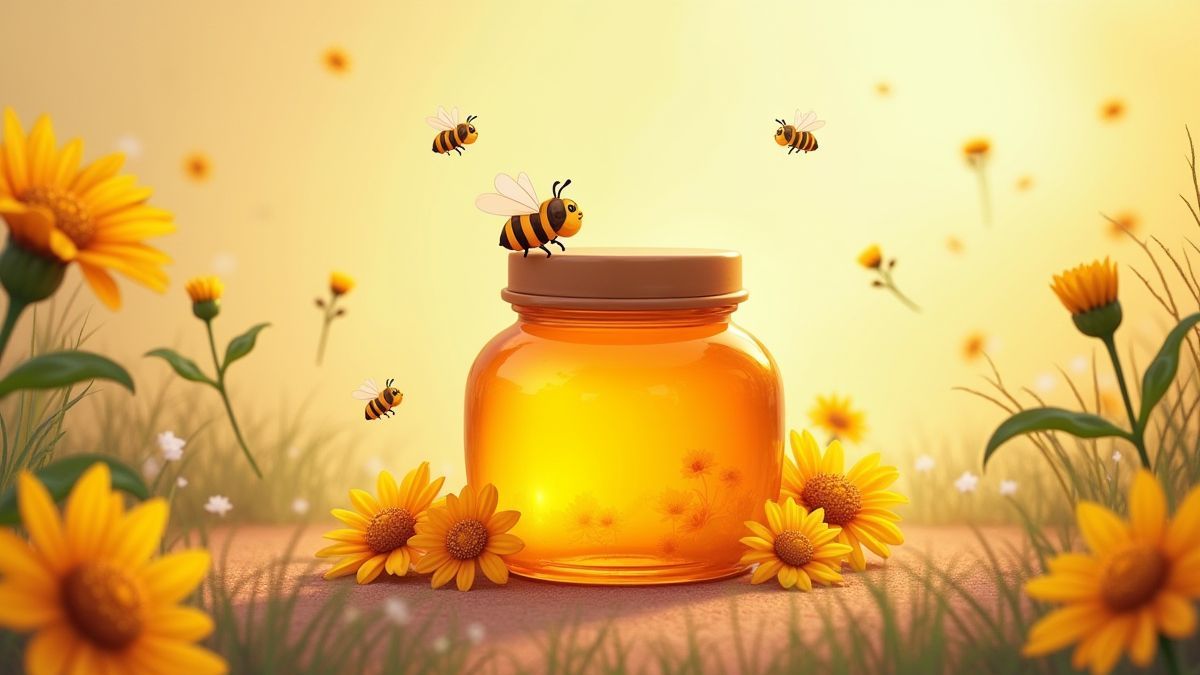 Un tarro de miel animado rodeado de flores y abejas.