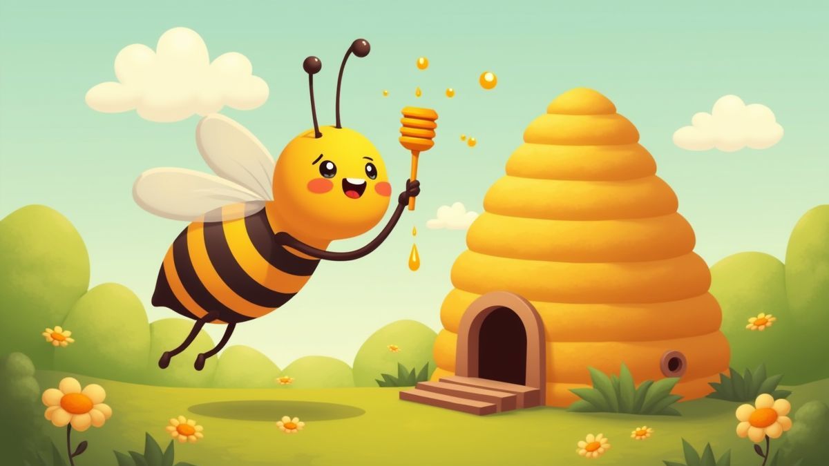 Una abeja animada sosteniendo un cucharón de miel cerca de un panal.