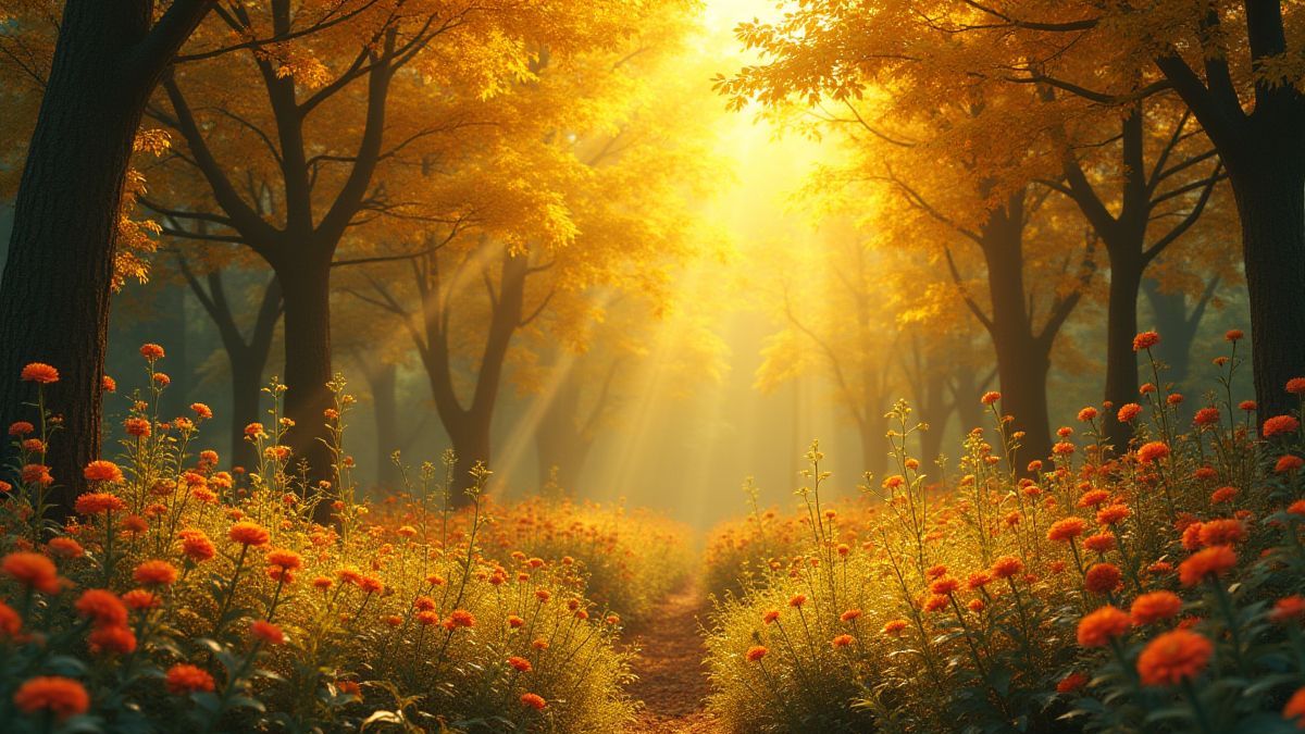 Un bosque lleno de vida con panales dorados y flores vibrantes.
