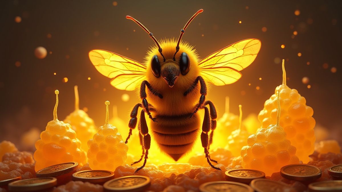 Una abeja reina rodeada de panales brillantes y monedas.