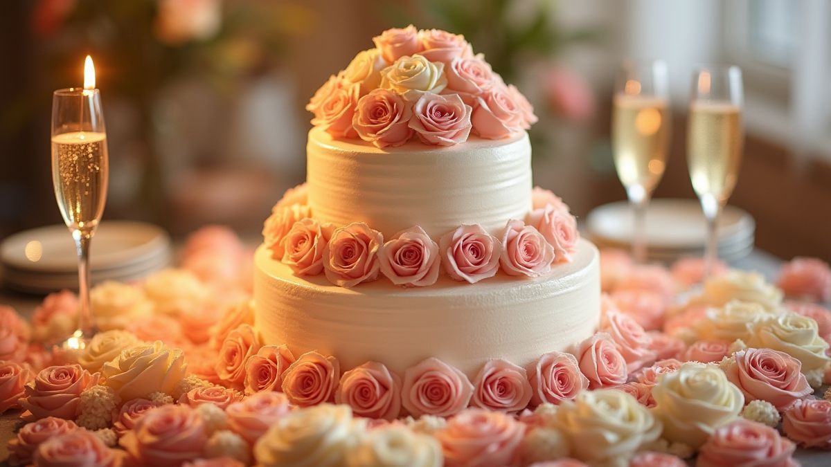 Gâteau de mariage entouré de roses et de flûtes à champagne.