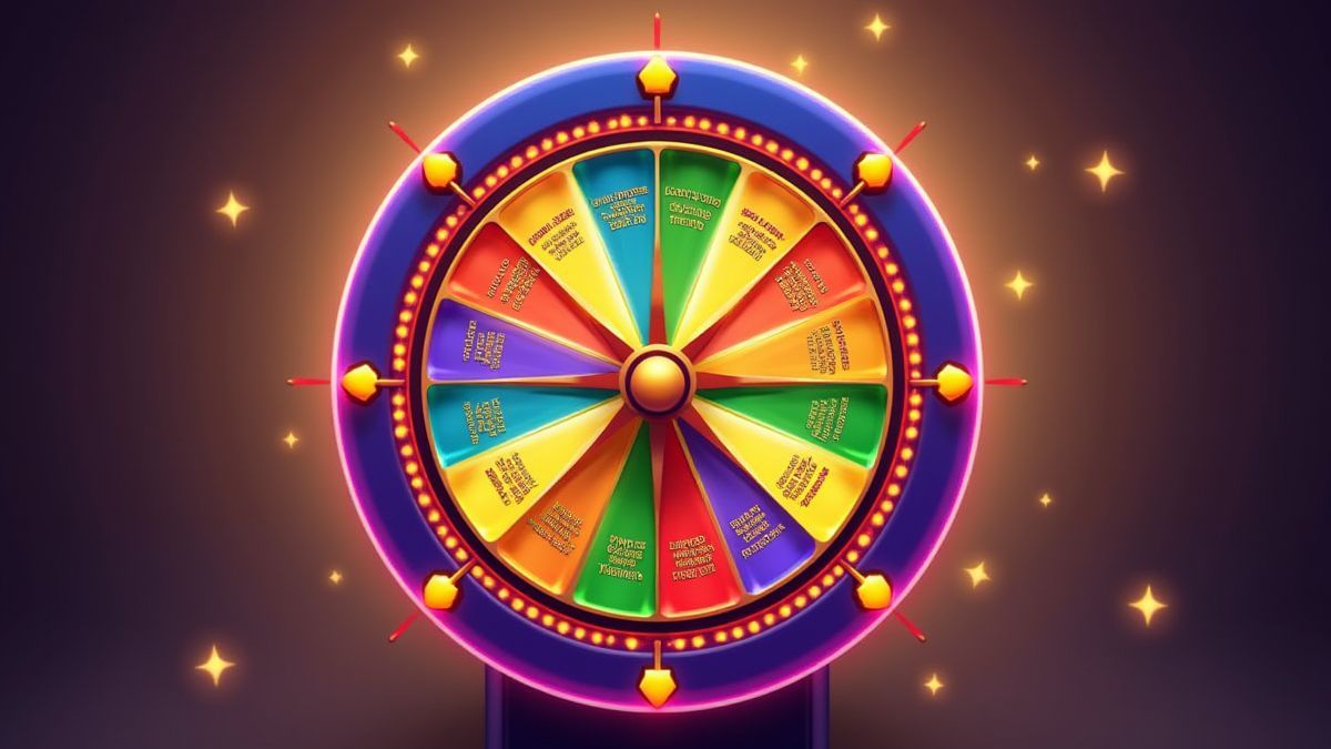 Roue de la fortune tournant avec des couleurs vives et des valeurs de prix.