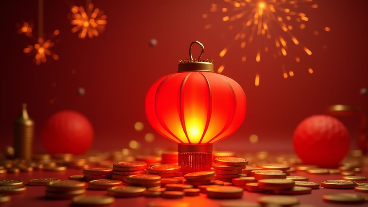 Red lantern surrounded by golden coins and fireworks