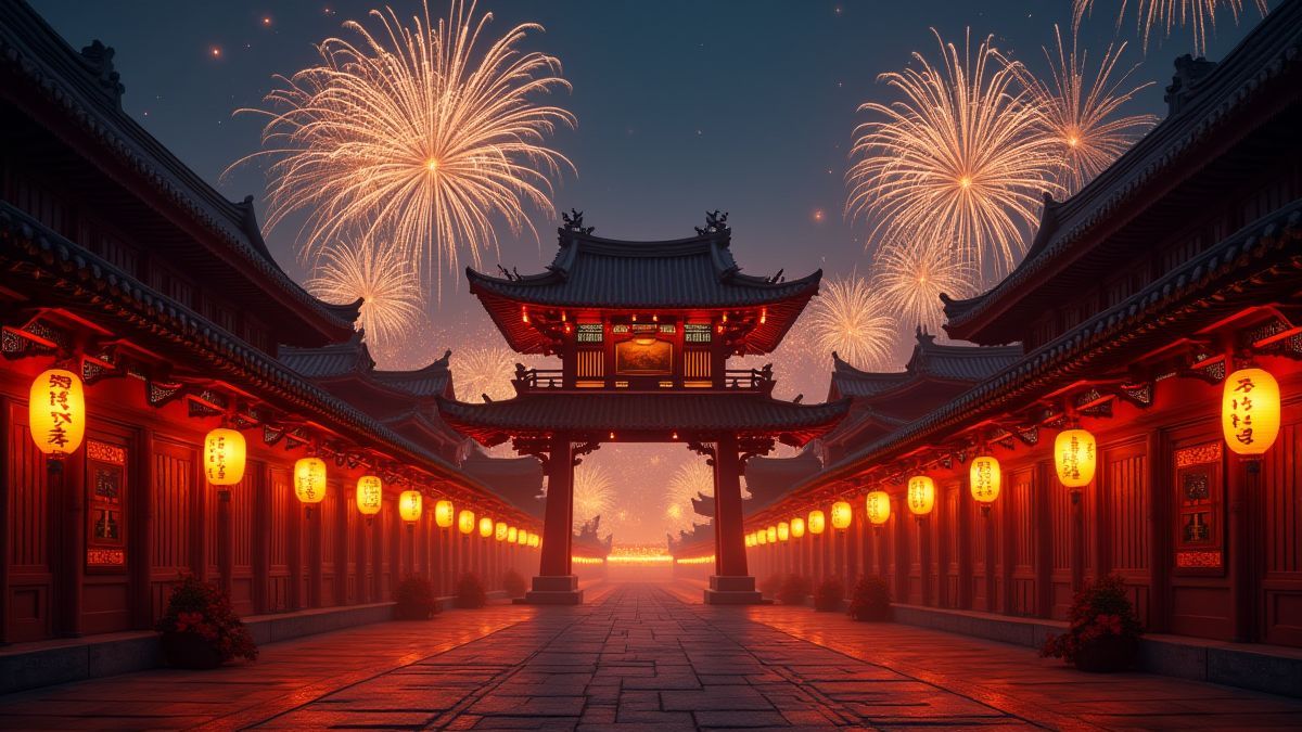 Asian architecture illuminated with lanterns and fireworks
