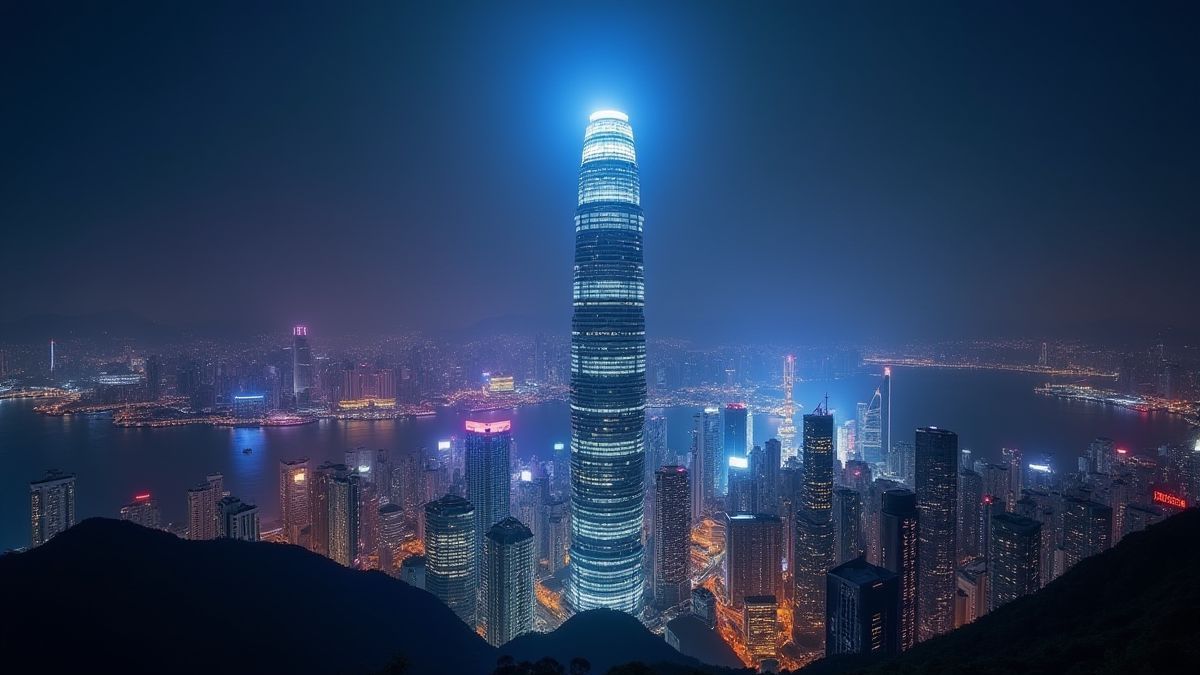 Rascacielos iluminado en Hong Kong con un aura mística.