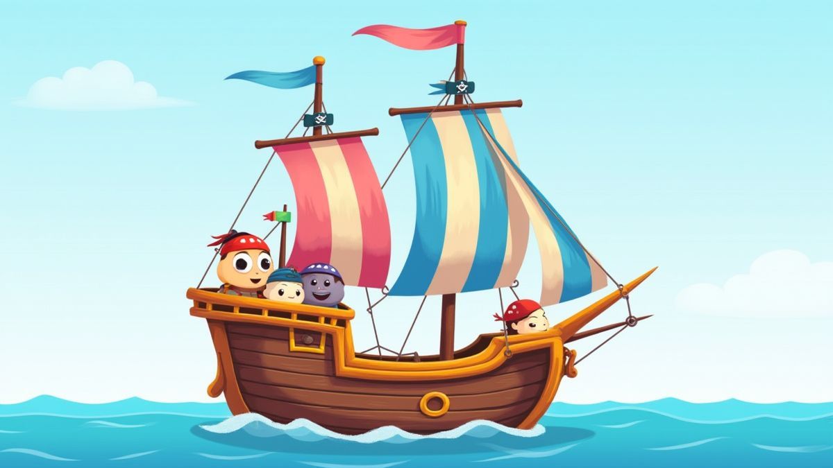 Um barco pirata estilo cartoon com velas coloridas e personagens divertidos a bordo.