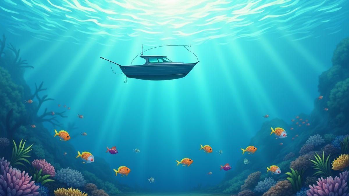 Cena submarina com um barco de pesca e peixes nadando alegremente.