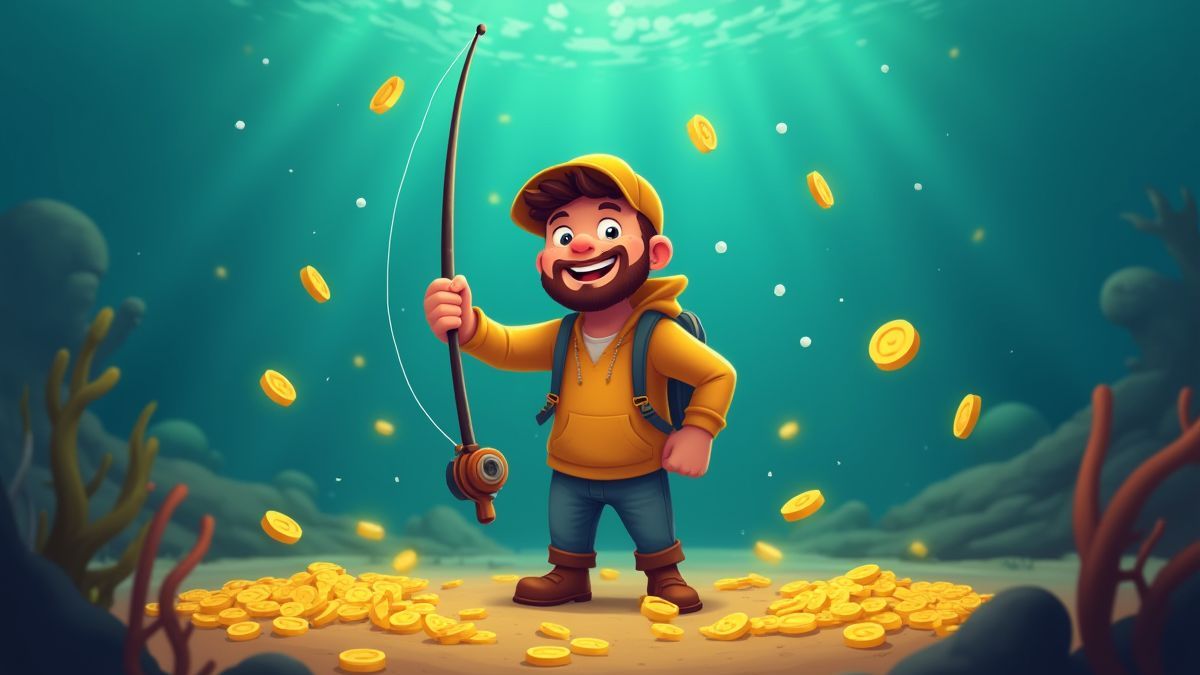 Um pescador feliz rodeado de moedas douradas sob a água.