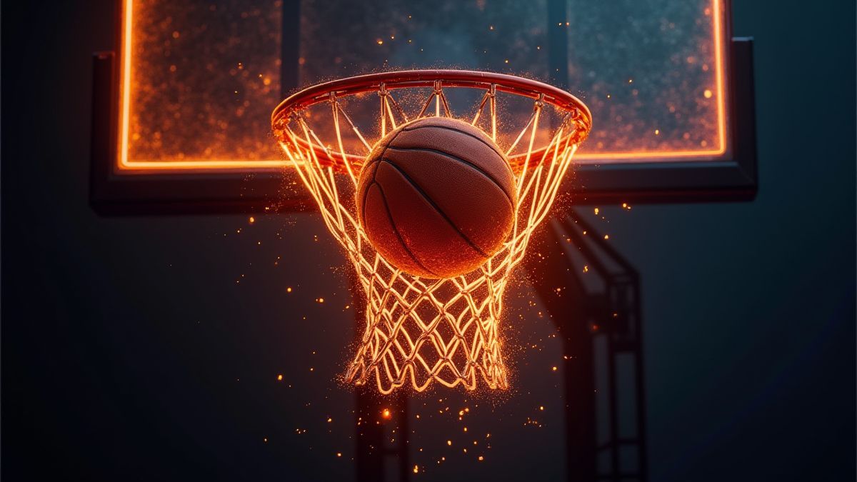 Un aro de baloncesto con efectos de luz y una pelota anotando.