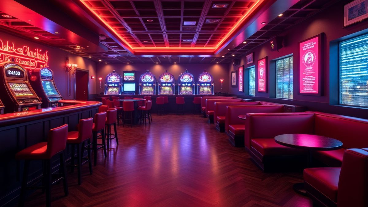 Salon de casino avec lumières de néon et ambiance accueillante.