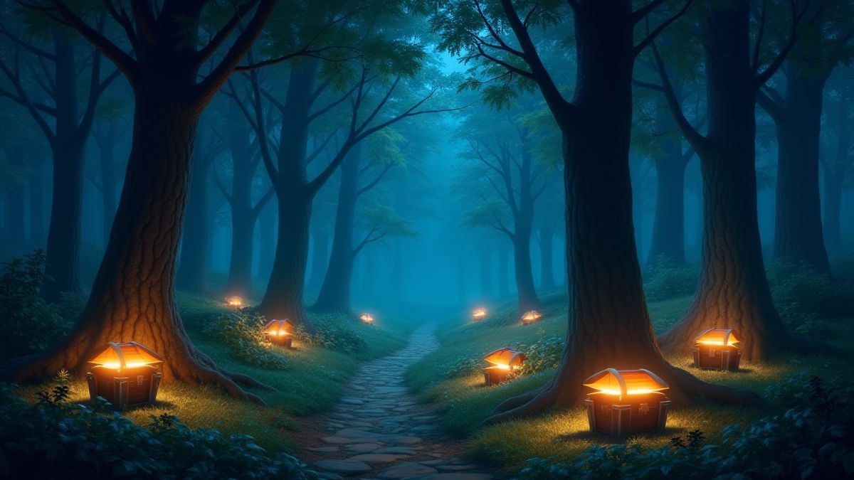 Floresta mágica com cofres do tesouro brilhantes.