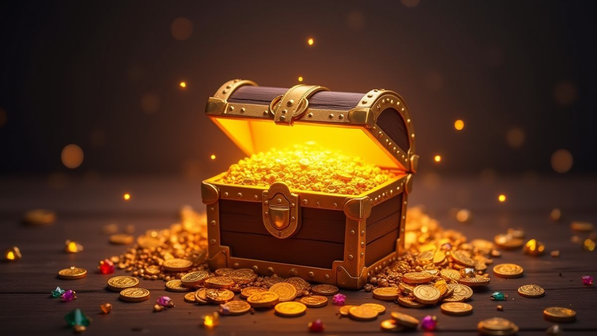 Cofre do tesouro brilhante rodeado de moedas de ouro e joias.