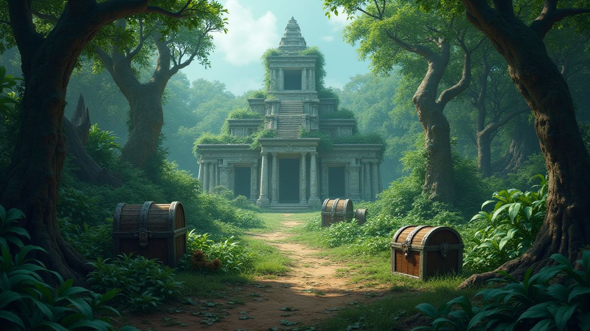 Paisaje de jungla con ruinas antiguas y cofres del tesoro.