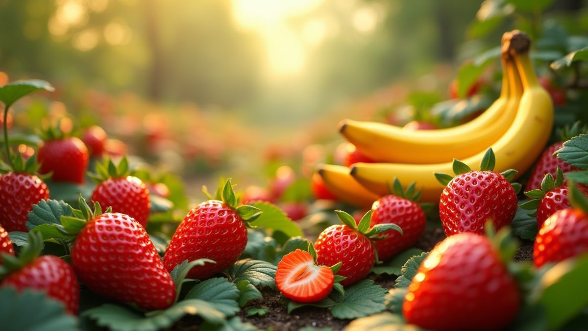 Un jardín animado con frutas brillantes como fresas y plátanos.