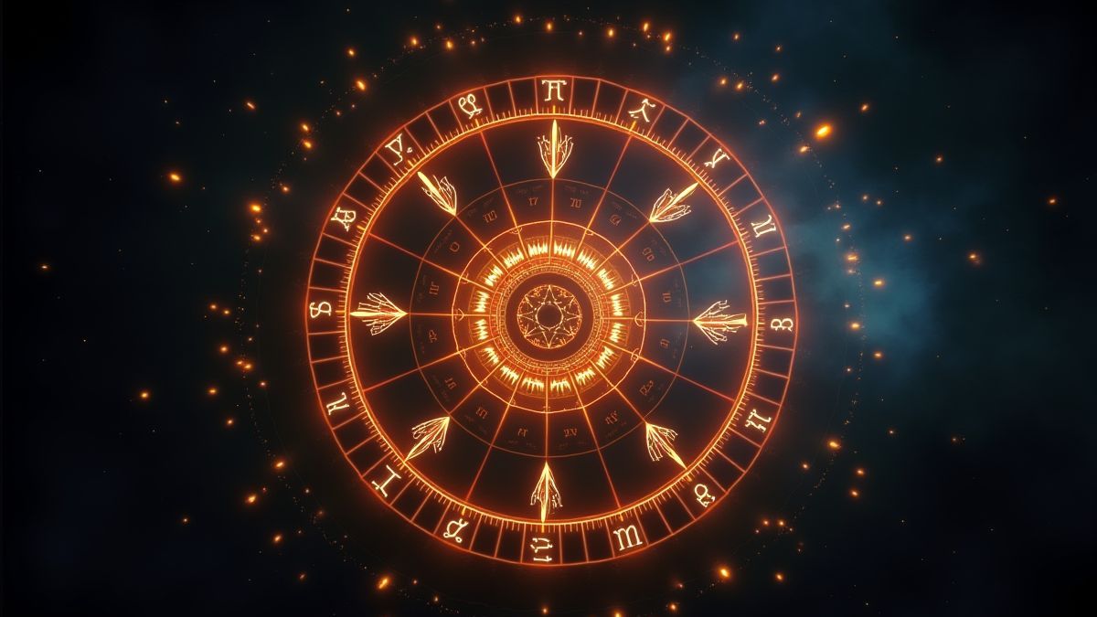 Leuchtendes zodiacales Rad mit tierkreislichen Symbolen.