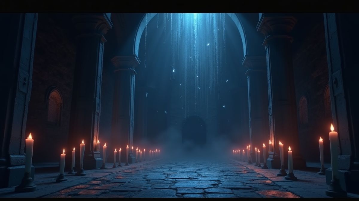 Interior oscuro de un castillo con telarañas y velas parpadeantes.