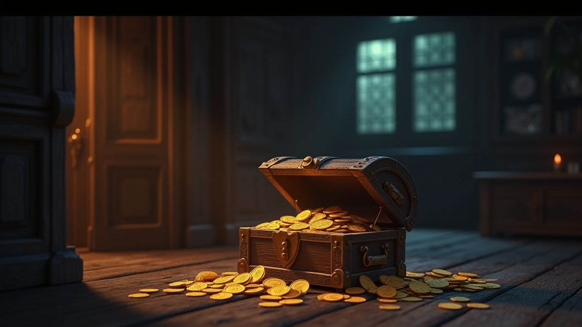 Un cofre del tesoro lleno de monedas doradas en una habitación espeluznante.