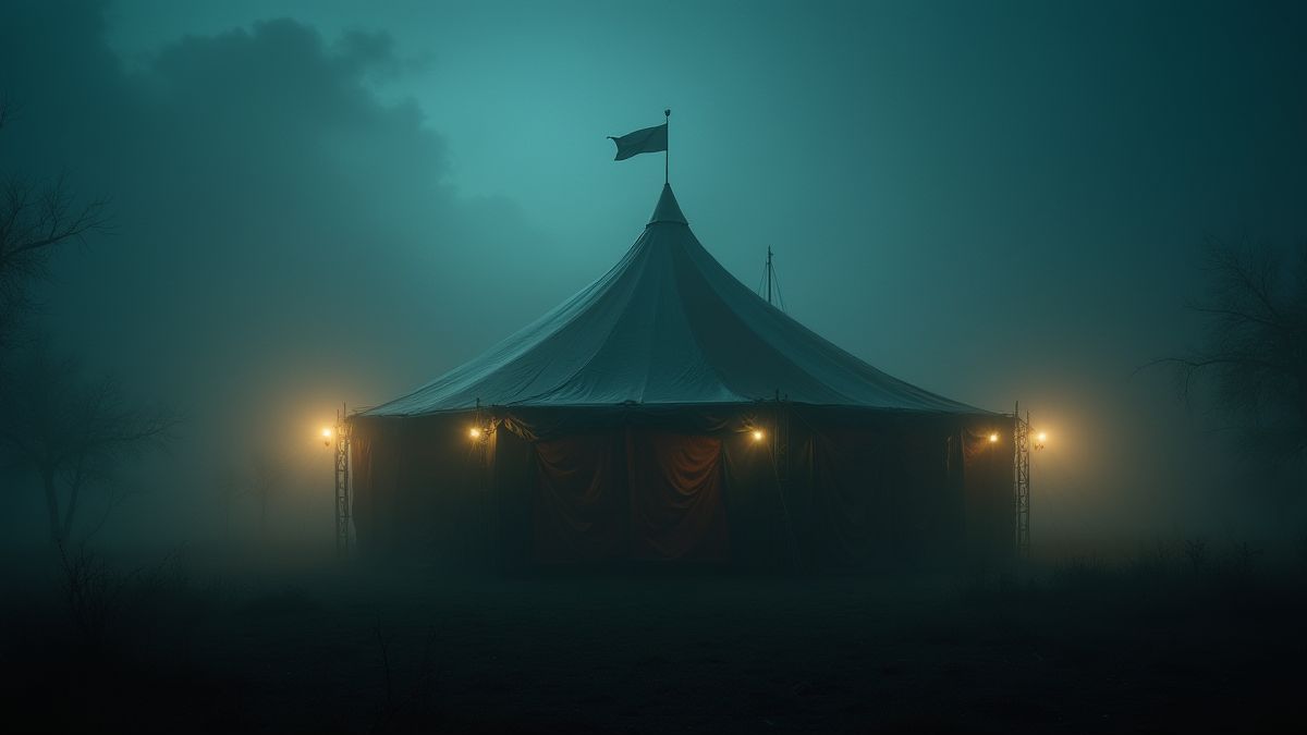 Una carpa de circo misteriosa rodeada de niebla.