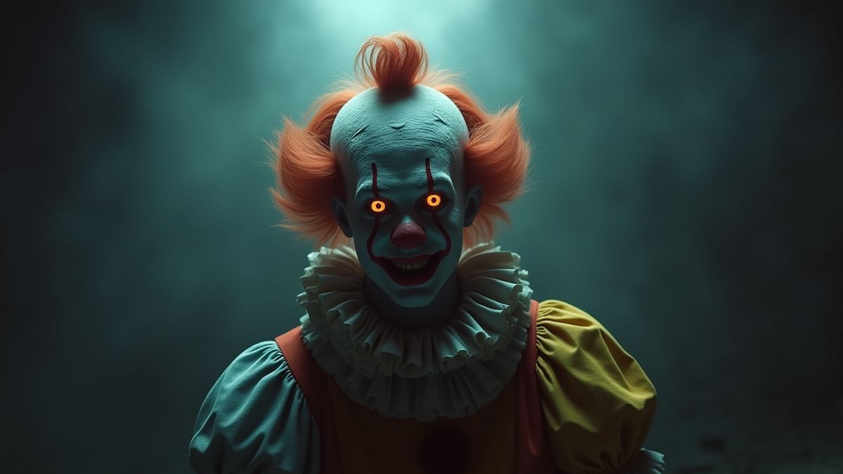 Un payaso espeluznante con ojos brillantes bajo una luz de circo.